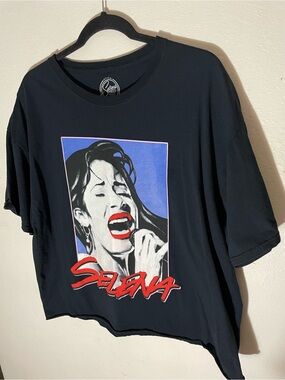 Hot Topic Black Crop Top with Blue Panel and Red Graphic
